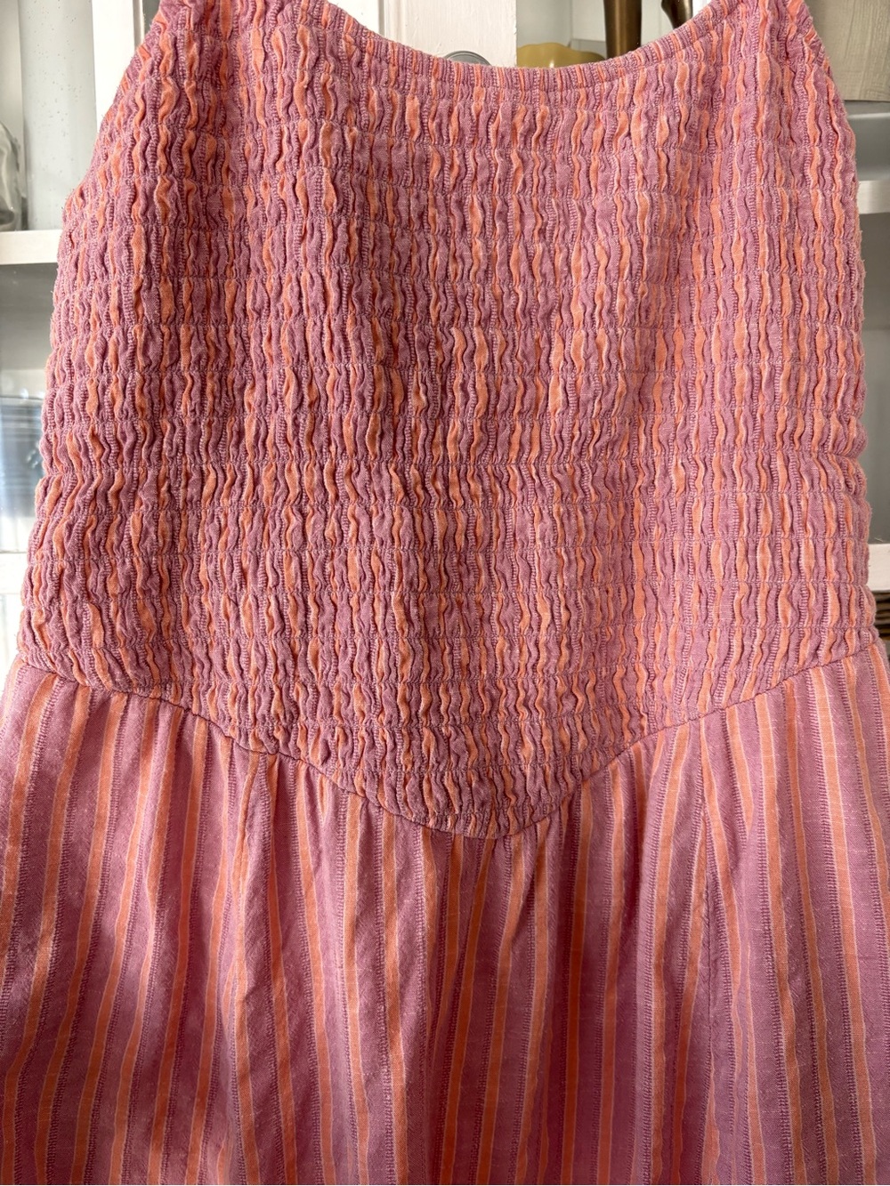 American Eagle Pink and Peach Striped Smocked Bodice Midi Dress - Picture 2 of 8